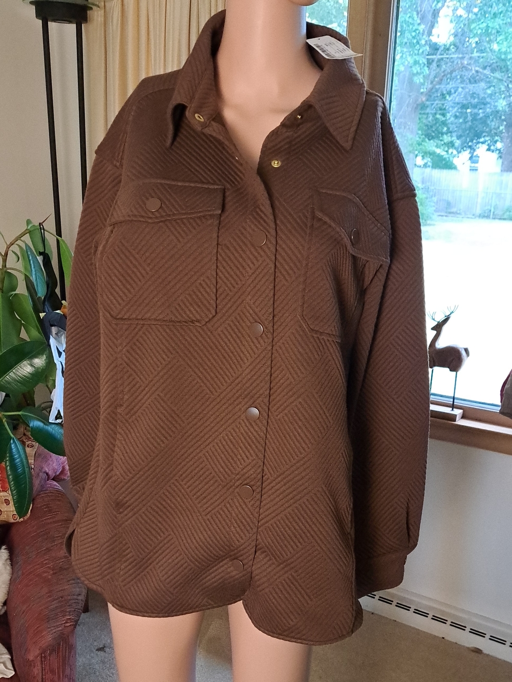 Christopher & Banks Brown Quilted Button-Front Shacket S Ptp21 Snaps